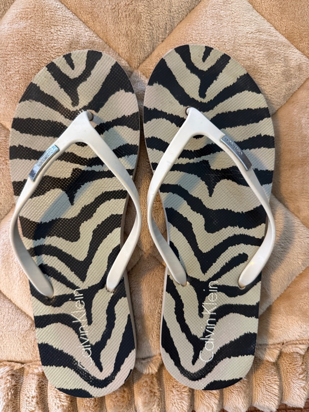 Calvin Klein Black and White Zebra Print Flip Flops